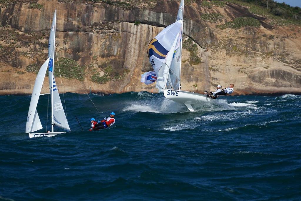 The Swedish mens crew launch in the 20-25kts winds and 3-4 metre Atlantic Ocean swells heading for the finish of Race 3 of the Mens 470, 2016 Olympics © Richard Gladwell www.photosport.co.nz